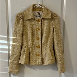 Anthropologie Tabitha Beige/Yellow Herringbone Blazer with Gold Buttons